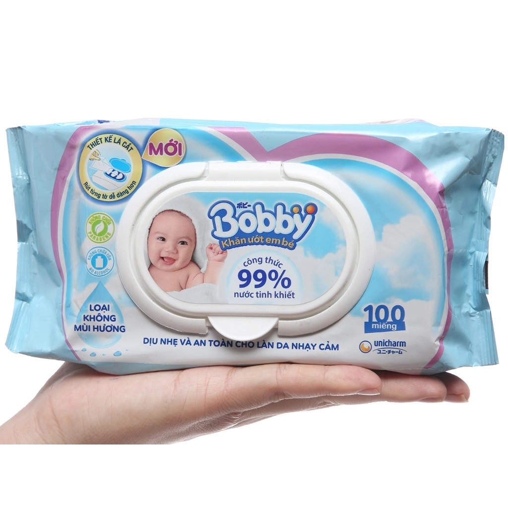 Khăn Ướt Bobby Chăm Sóc Da Bé Nhạy Cảm Không Mùi (Lốc 10 Gói x 100 Tờ)